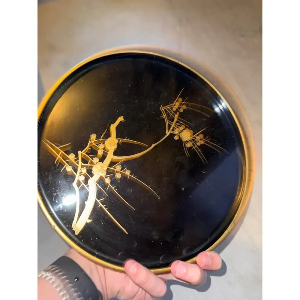 Vintage Japanese Black Lacquer Plum Blossom Round plastic Tray